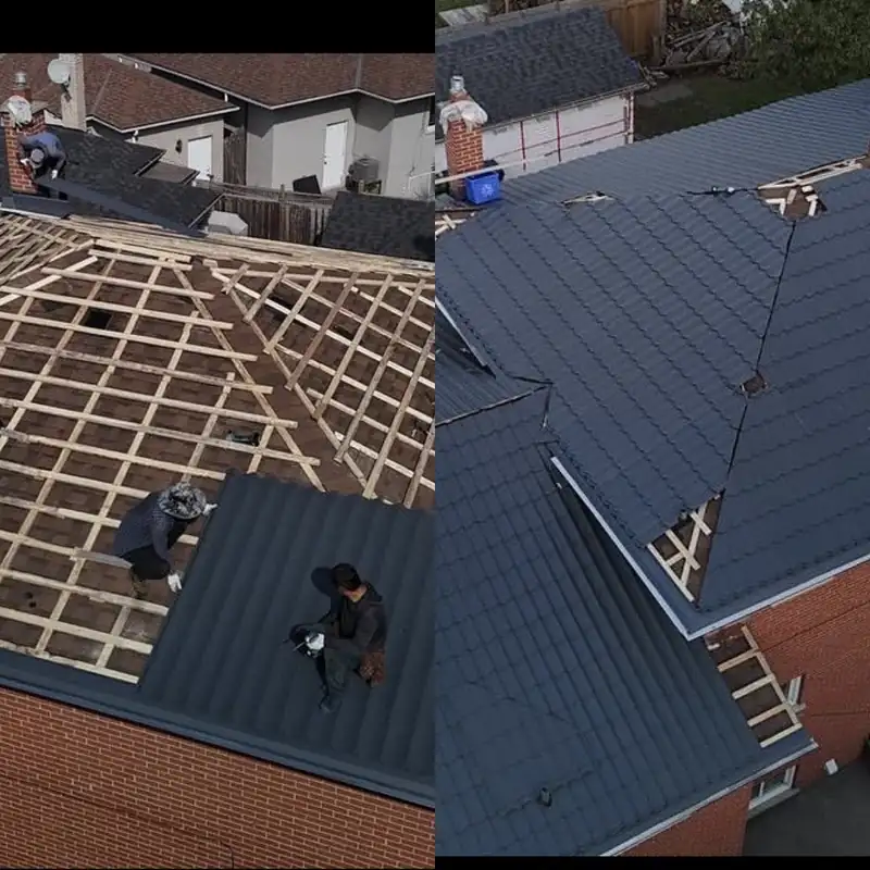 Before and after: crew removing old shingles and installing a dark metal roof on a brick home
